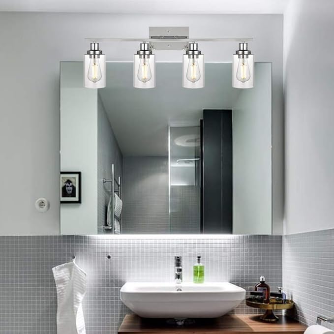 MELUCEE 4-Light Bathroom Lighting Fixtures with Clear Glass Shade Chrome Finish, Modern Vanity Light Wall Mount Lamp for Bedroom Dressing Table Mirror Cabinets Vanity Table (Patent No.: US D963914 S)