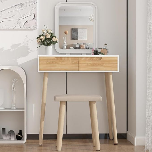 YOURLITE Makeup Vanity Desk with Lights, Small Vanity with Adjustable Brightness Mirror for Small Spaces, Vanity Desk with Drawers 27.5", Square Mirror Wood