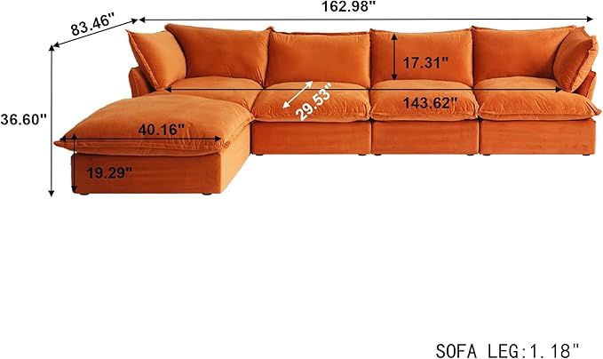 JACH L-Shaped Sectional Couches, Modular Sectional Sofas, Modern Comfy Cloud Couch with Chaise Ottoman, Cushion Covers Removable, Two Corners and Two Middle Sofa for Living Room (Orange)