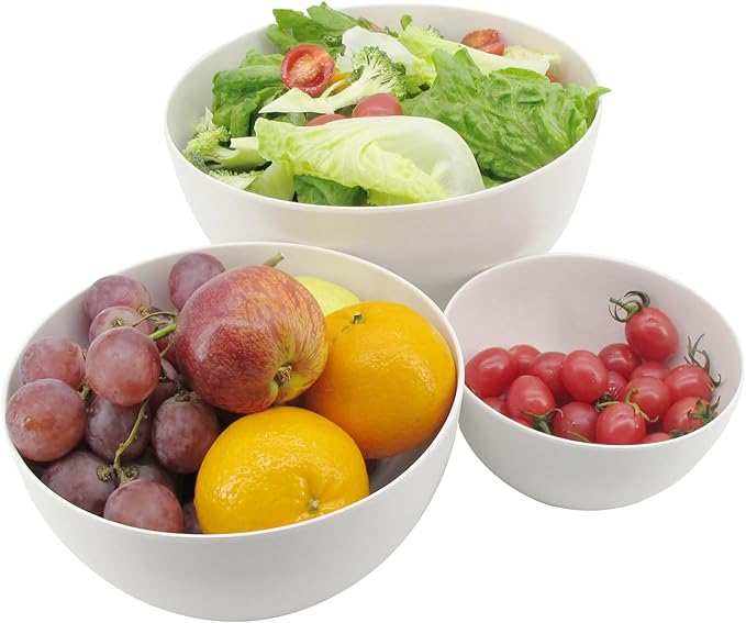 Salad Bowl Set of 3 with Bamboo Wooden Lids, Mixing Bowls Set, Nesting Bowls for Space Saving Storage, Made with Durable Eco-Friendly Bamboo Fiber, Great for Prepping and Serving Food, White