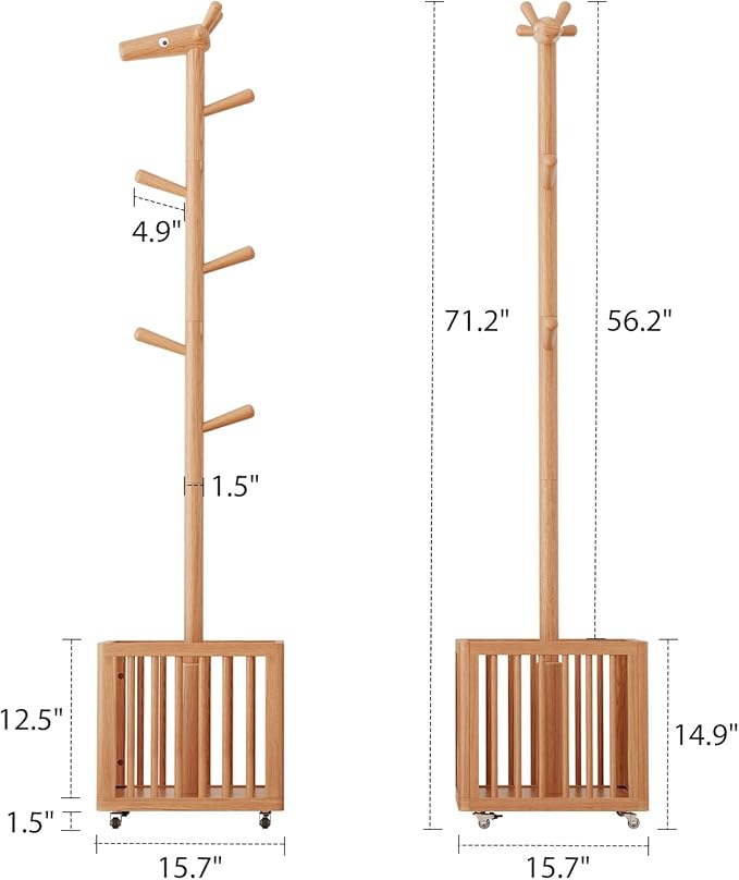 Coat tree freestanding heavy duty，Wooden coat rack freestanding for Entrance, Bedroom, Living room(Natural)