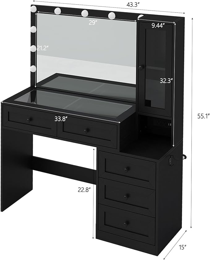43" W Vanity Desk with Mirror & 11 Lights, 5 Drawer Modern Makeup Desk with Glass top & Cushioned Stool, 3 Lighting Modes Brightness Adjustable,Bedroom Dressing Table, Black