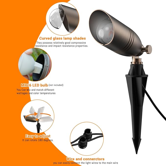 ZONEGRACE Solid Brass 12V Low Voltage Landscape Lighting,Heavy-Duty Waterproof Outdoor LED Spotlights Fixtures with Connectors, Bronze Uplights & Accent Lights,MR16 Bulb Not Included (Classic,6 Pack)