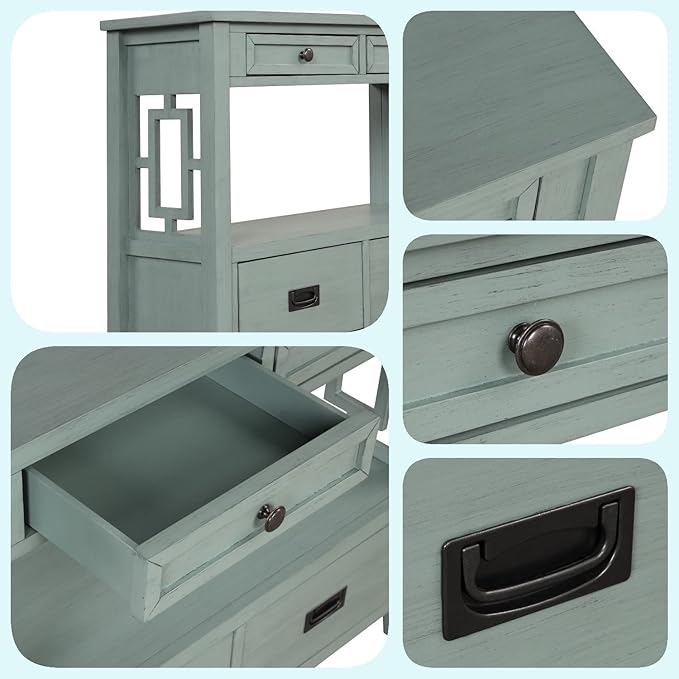 36 Inch Country Farmhouse Console Table with 4 Drawers and 1 Storage Shelf Pine Wood Suitable for Entryway Entrance Living Room Bedroom Hallway Kitchen (Retro Blue)