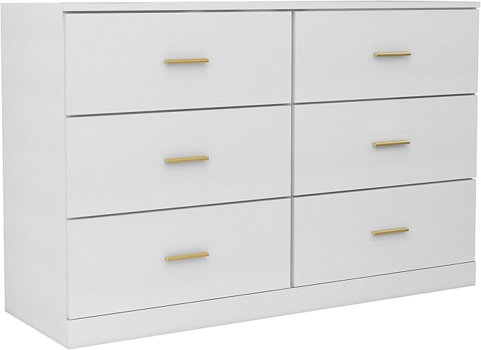 6 Drawer Dresser, Wide Chest of Drawers Organizer Storage with Drawers, Large White Storage Tower Unit, Modern Minimalist Closet Store Organizer for Bedroom or Living Room, Anti-Tipping Device (White)