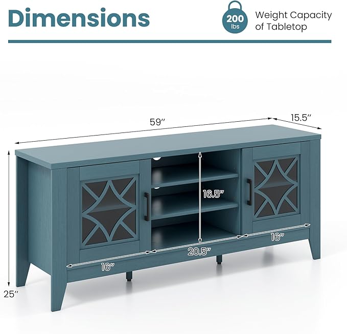 Tangkula Farmhouse TV Stand for TVs Up to 65-in, Classic Media Entertainment Center w/Glass Door Cabinets & 4 Adjustable Shelves, Modern TV Console Table w/ 3 Cable Holes for Living Room (Teal Blue)