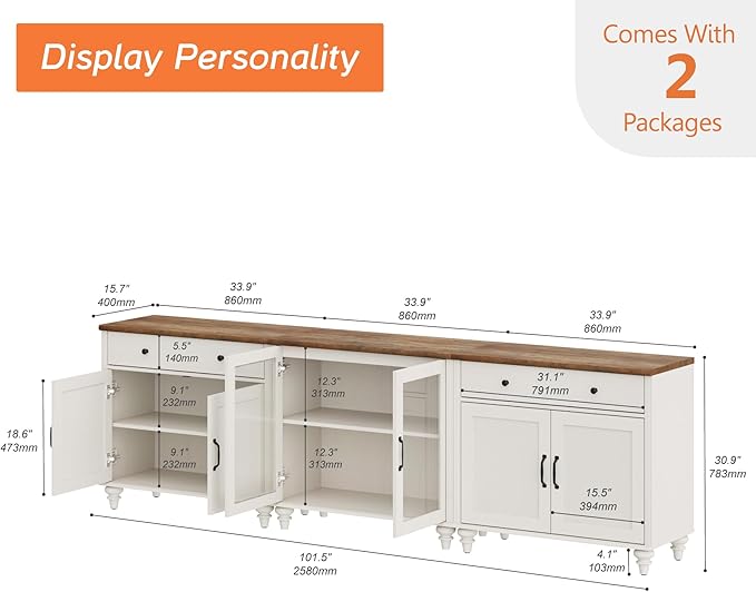 WAMPAT Farmhouse TV Stand for 100 Inch TV, 3-in-1 TV Console Table for 75/80/85/90 Inch TV, Entertainment Center with Glass & Wood Door, Kitchen Sideboard Buffet Cabinet for Dining Room, White