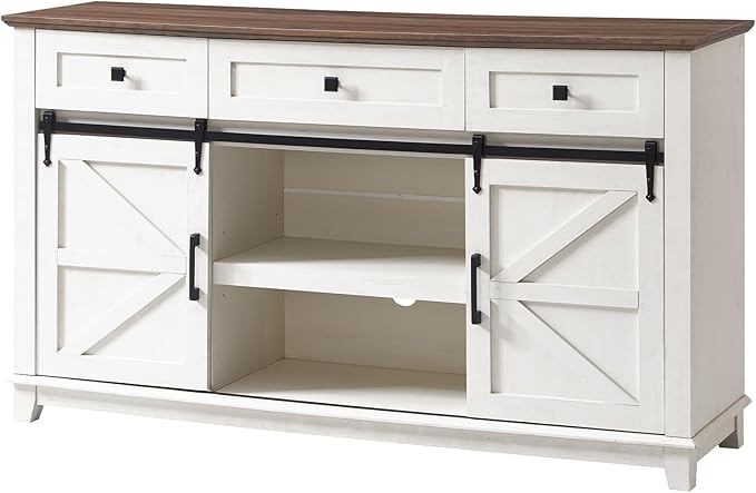AMERLIFE Farmhouse TV Stand for Televisions up to 65 Inchs, Entertainment Center with Sliding Barn Doors and Storage Drawers, 59" TV Stand with Cabinets, Antique White