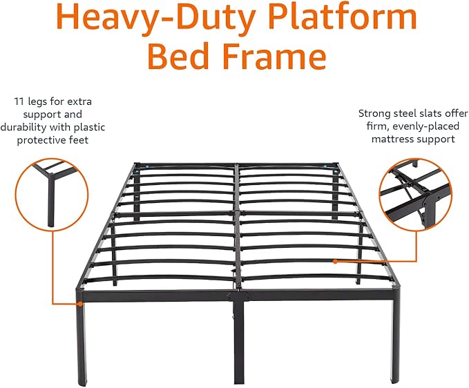 Amazon Basics Heavy Duty Non-Slip Bed Frame with Steel Slats, Easy Assembly - 18"H, (Queen), Black