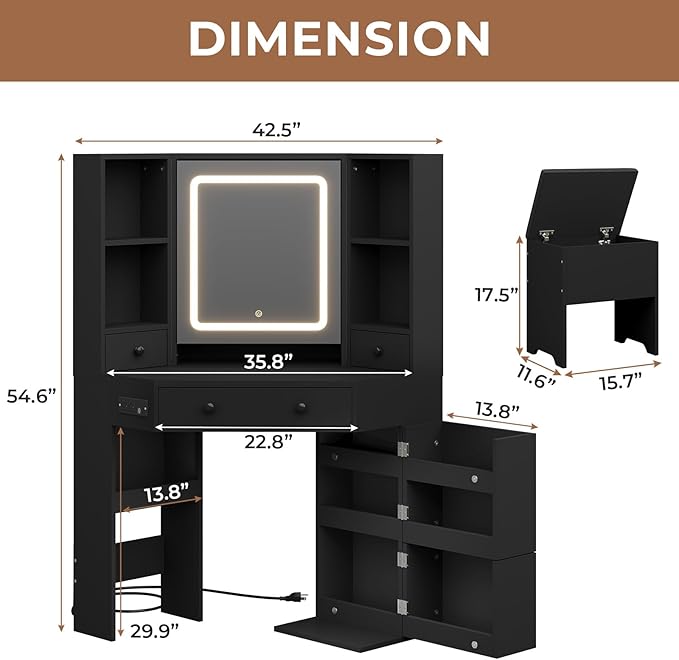 Vanity Desk with Mirror Lights, Storage Bench & Power Outlet, Corner Vanities with Rotating Cabinet & Drawers, 42.5" L Shaped Vanity Set, 3 Light Settings, for Women Girls, Modern Black