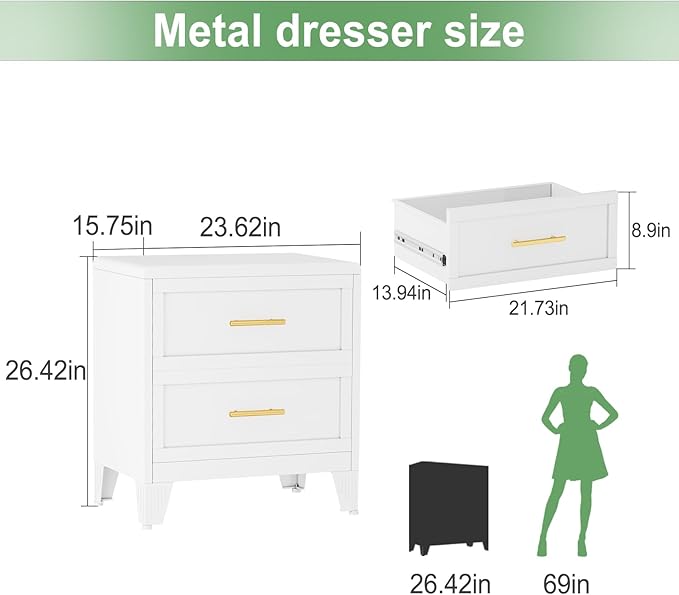 Metal Dresser Narrow Dresser for Bedroom Chest, 26.42" H Drawer Chest, Closet Dressers & Chests of Drawers for Living Room, Hallway (2 Drawers White 24inch Wide)