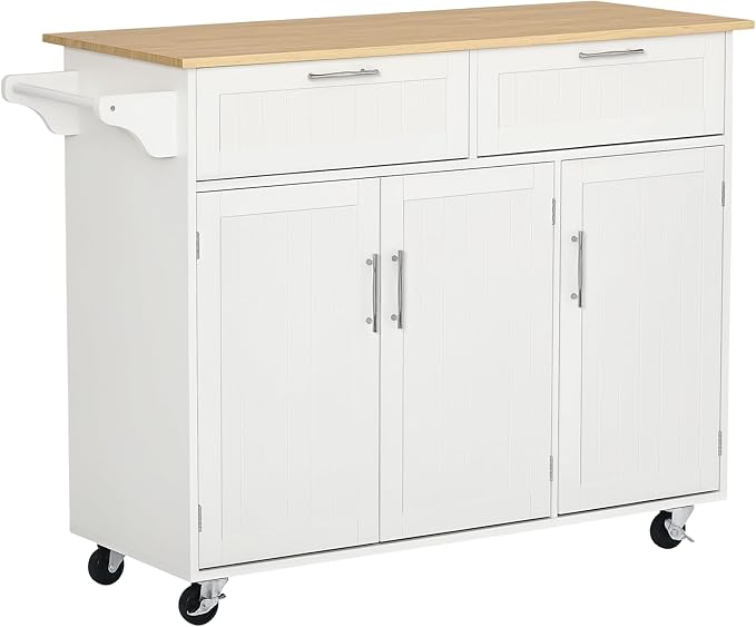 HOMCOM Mobile Kitchen Island with Storage, Kitchen Cart with Wood Top, Storage Drawers, 3-Door Cabinets, Adjustable Shelves and Towel Rack, White