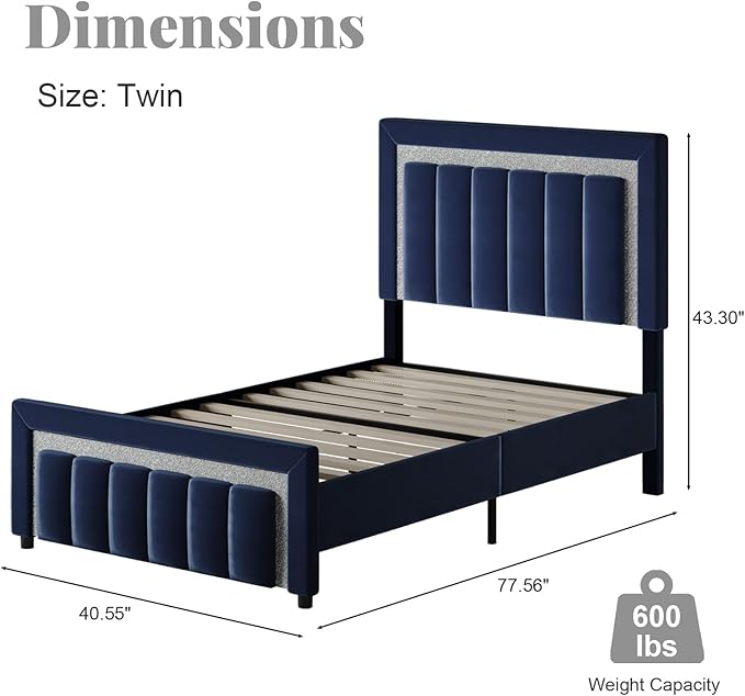 HOMBCK Twin Bed Frame with Headboard and Footboard, Upholstered Bed Frame Twin Size with Diamond Design, No Box Spring Needed, Easy Assembly, Blue