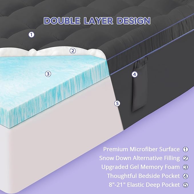 ABENE 3 Inch Dual Layer King Memory Foam Mattress Topper, 2 Inch Memory Foam Plus 1 Inch Down Alternative Pillowtop Mattress Pad with Deep Pocket, Soft Support for Pressure Relief, Gray