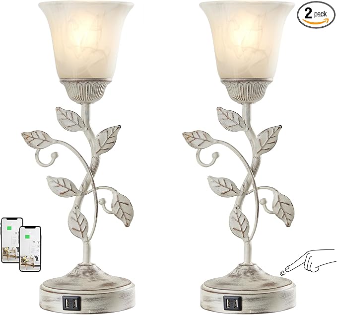 RORIANO Set of 2 Rustic Touch Table Lamps for Bedroom, 3-Way Dimmable Nightstand Flower Lamp with 2 USB Ports, Retro White Glass Shade Leaf Lamp for Living Room Entryway, 2 LED Bulb Included