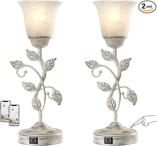 RORIANO Set of 2 Rustic Touch Table Lamps for Bedroom, 3-Way Dimmable Nightstand Flower Lamp with 2 USB Ports, Retro White Glass Shade Leaf Lamp for Living Room Entryway, 2 LED Bulb Included