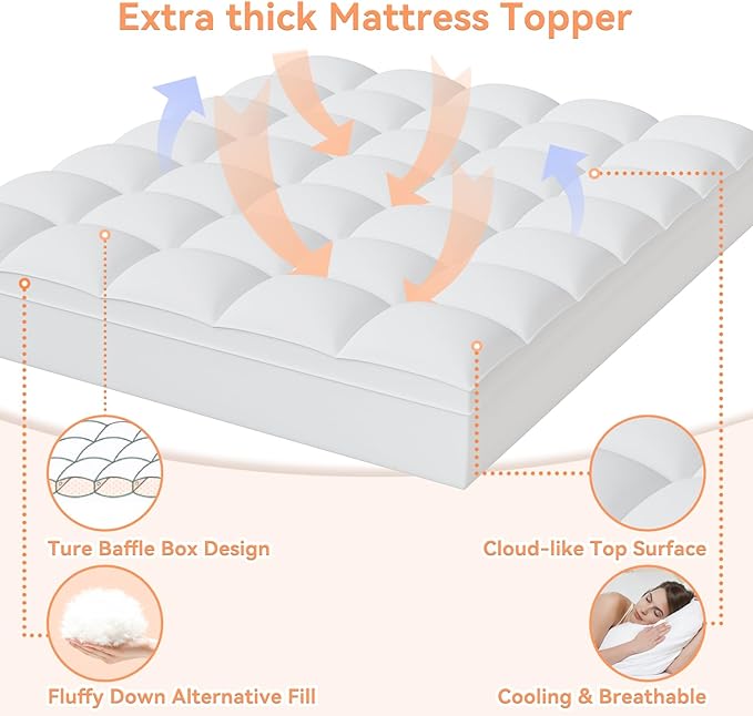 Twin Mattress Topper for Back Pain Relief, Extra Thick Pillow Top Plush Mattress Pad with Deep Pocket, Soft Pillowtop Twin Size Bed Toppers Filled Fluffy Down Alternative, White