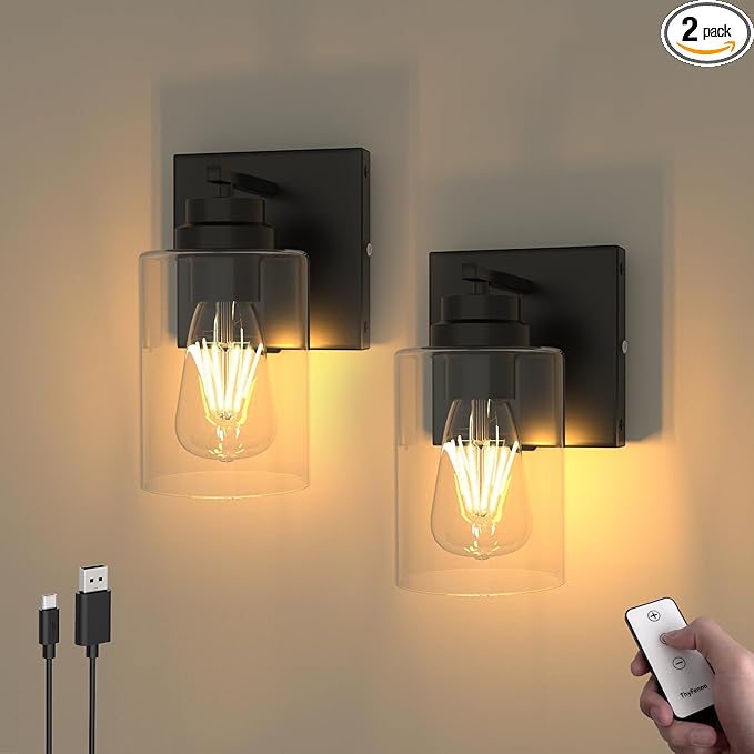Battery Operated Wall Sconce with Remote Control, Dimmable Wall Lamp Set of Two No Wired, Rechargeable Cordless Wall Light Fixtures for Bedroom Living Room Bathroom Hallway Farmhouse, Black