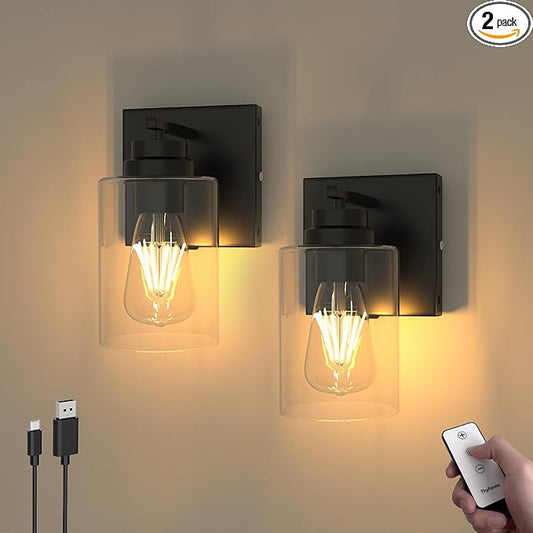 Battery Operated Wall Sconce with Remote Control, Dimmable Wall Lamp Set of Two No Wired, Rechargeable Cordless Wall Light Fixtures for Bedroom Living Room Bathroom Hallway Farmhouse, Black
