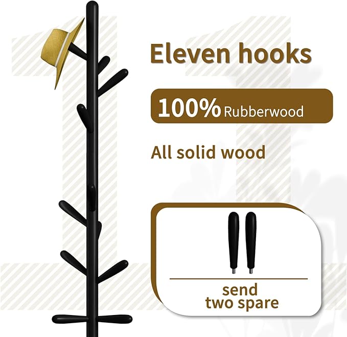 Solid Wood Coat Rack, Freestanding Tree-Shaped Coat Rack with 11 Hooks, Main Pole 1.6" dia for Clothes, Hat Stand Used in Bedroom/Office/Entryway (3-Leg Base, Black)