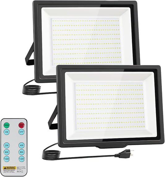 300W Flood Lights Outdoor,27000LM Bright Work Light Plug in,6500K Daylight White LED Flood Light Outdoor, IP66 Waterproof Exterior Floodlight for Yard Garage Stadium 2 Pack