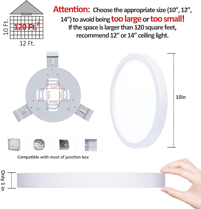 10 Inch LED Flush Mount Ceiling Light, Slim Dimmable Round Ceiling Light Flush Mount for Kitchen, Bedroom, Metal and Glass, Low Ceiling, White, 17W, 3000K
