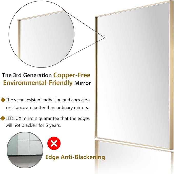 24x32 Inch Gold Bathroom Mirror - Copper-Free Mirror, Aluminum Alloy Frame Vanity Rectangle Wall Mounted Modern Mirror for Bedroom/Living Room/Porch Horizontal or Vertical