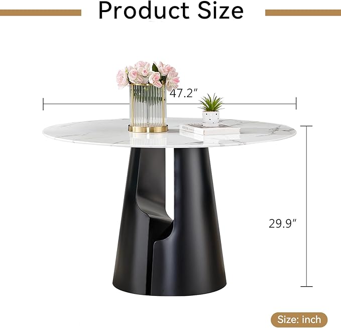 Round Faux Marble Dining Table Set for 4, Modern Luxury Kitchen Table for 4-6, Circle Dining Tables with White Marble Grain Top and Black Carbon Steel Pedestal Base (1 Table Only)