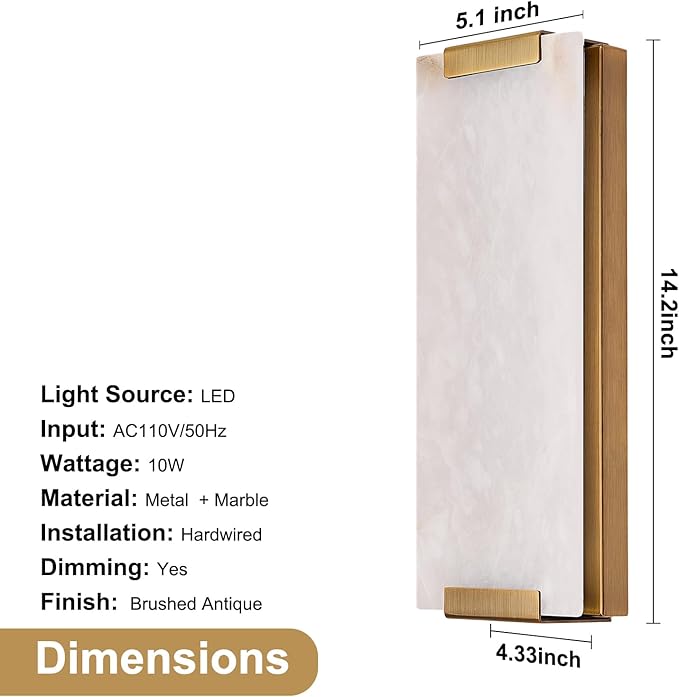14.2in Alabaster Wall Sconce, Large Natural Marble Wall Light Decor, LED Modern Wall Lamp for Bedroom, Stairs, Living Room, Vanity, Bedside, Hallway （Brushed Bronze 12W）