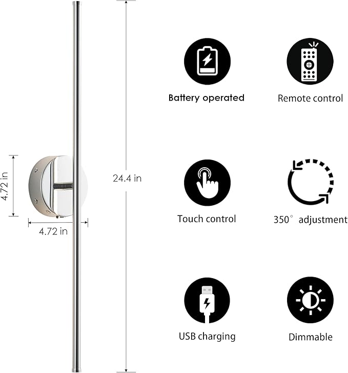 Battery Operated Wall Sconces with Remote Control, Dimmable Wall Sconces Set of Two, 350°Rotate, 3000K LED Chrome Wireless Wall Light for Living Room, Bedroom,Hallway, 24.4 Inch (2 Pack)