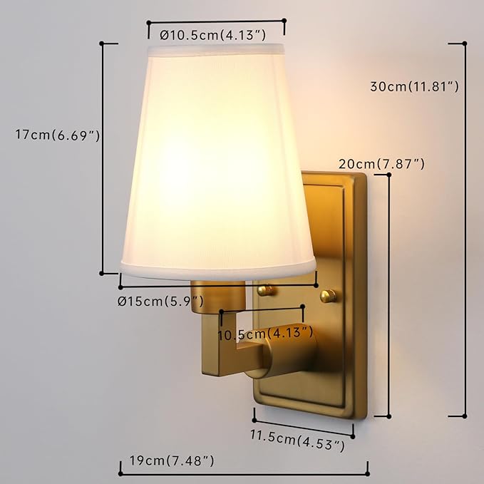 Wall Sconce 1-Light Fixture Antique Finish with White Fabric Shade, E26 Hardwired Indoor Wall Light for Vanity Bathroom Living Room Bedside Nightstand Light