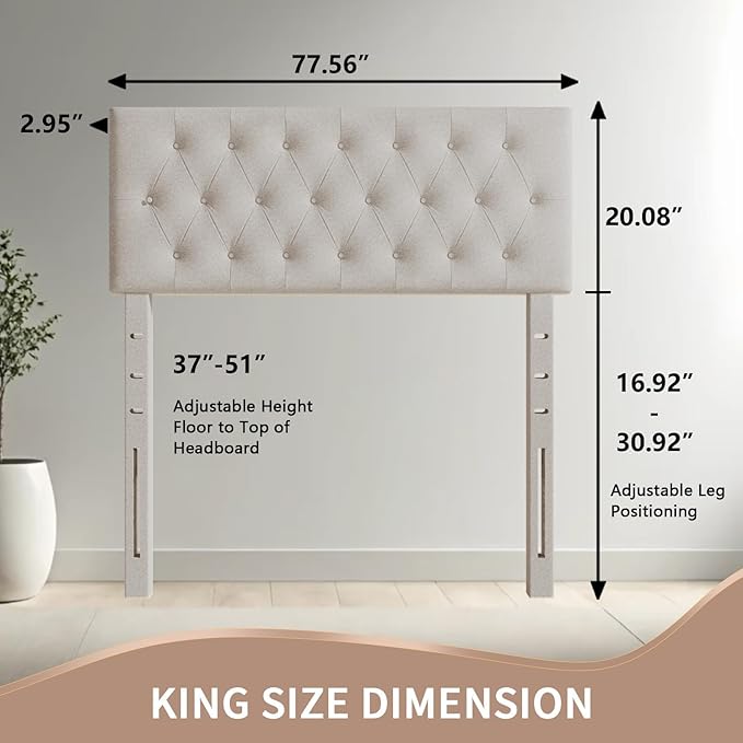 Rosevera Givanna Adjustable Height Headboard with Linen Upholstery and Button Tufting for Bedroom, King, Natural Linen