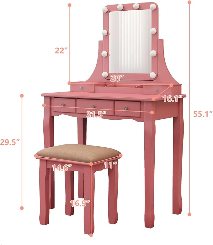 Vanity Desk with Mirror and Lights Makeup Vanity Desk with Lights Pink Vanity Table with Drawers and Chair Make Up Vanity with Lighted Mirror