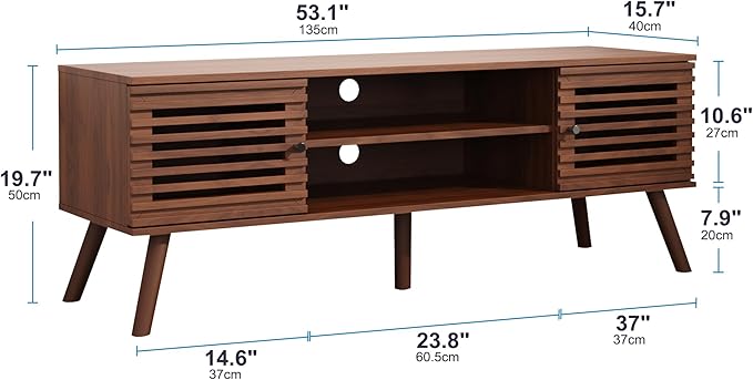 53" Mid Century Modern TV Stand for 50/55/60 inch TV, TV Media Console with Slatted Doors for TVs up to 60", Entertainment Center with Storage for Living Room, Bedroom, Walnut