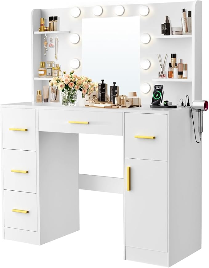 45” Vanity Desk with Mirror and Lights,10 Lights 3 Color Modes,Makeup Vanity Desk with 4 Storage Shelves 5 Drawers 1 Cabinet and Power Outlet,for Bedroom & Dressing Room,White vanitys
