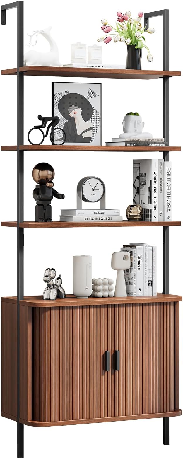 72" Tall Fluted Bookshelf, 4-Tier Open Display Ladder Shelf with Sliding Tambour Doors, Modern Wall Mounted Bookcase Cabinet with Metal Frame for Living Room, Bedroom, Home Office, Walnut