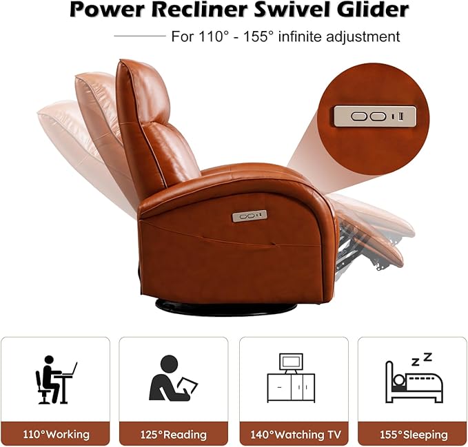 Power Rocker Recliner with 270° Swivel and 30° Rock, Genuine Leather Recliner Swivel Chair with USB and Type-C Ports, Red Brown Recliner Chairs for Adults, 22.4" Extra Wide