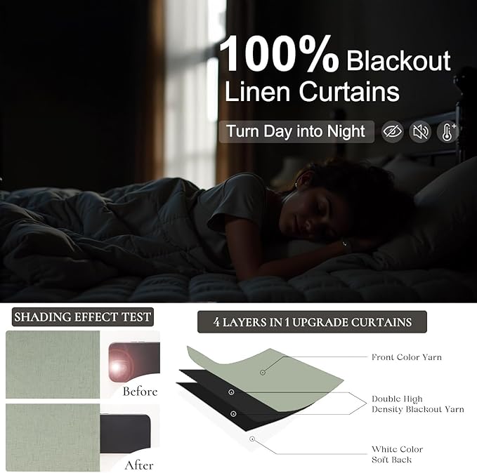 Sage Green Curtains 84 Inch Length 2 Panels Set for Bedroom Back Tab Blocking Light Sage Boho Blackout Linen Drapes Thermal Insulated Black Out Room Darkening Window Curtain for Living Room 52x84 Long