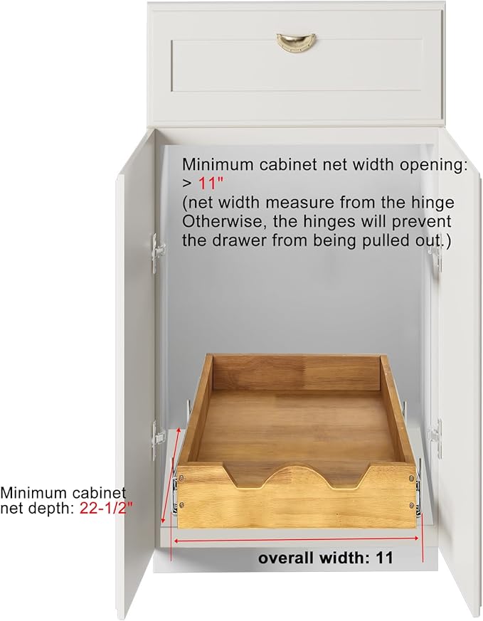 DINDON 1 Tier Pull Out Cabinet Organizer (11" W x 21" D) Single Tier Heavy Duty Sliding Wood Drawer Under Cabinet Shelf Organization Storage