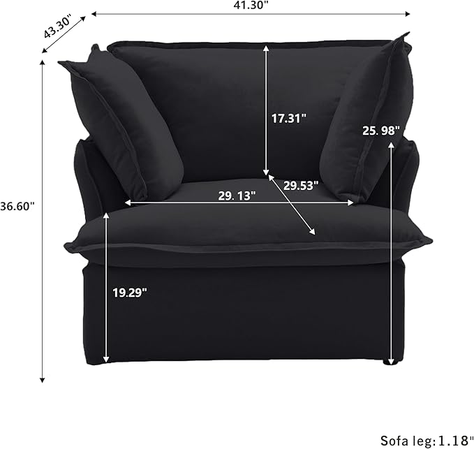 JACH Modern Comfy Couch Chair with Thick Cushion, Couch Single Accent Chair Deep Seat Sofa Couches, Hemp Velvet Sofas Furniture for Small Spaces Living Room Bedroom Office Apartment (Black)