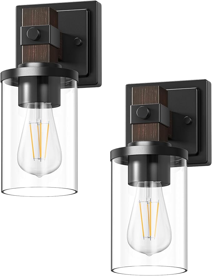 EDISHINE Wall Sconces Set of 2, Farmhouse Vanity Light Fixtures with Clear Glass Shade & Dark Brown Wood Grain Paint, 1-Light Wall Mount Lamp for Bathroom, Hallway, Living Room, Mirror, Kitchen