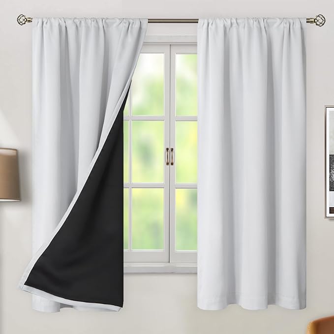 BGment Greyish White 100% Blackout Curtains 63 Inches Long with Thermal Insulated Liner, Rod Pocket and Back Tab Double Layer Full Room Darkening Window Drapes for Bedroom, 2 Panels,Each 38 x 63 Inch