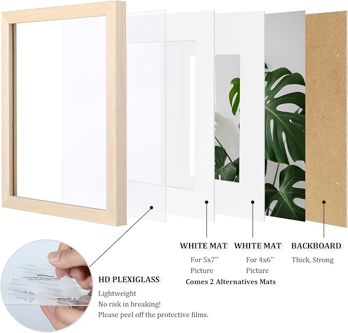 Egofine 8x10 Picture Frame Made of Solid Wood with Plexiglass, Display Pictures 4x6/5x7 with Mat or 8x10 Without Mat for Tabletop and Wall Mounting, Oak Wood