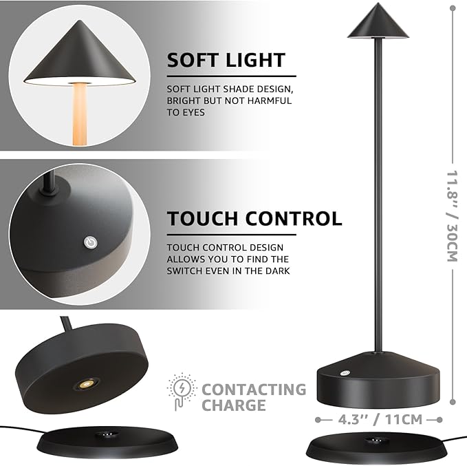 Rechargeable Table Lamp for Bedroom, 3-Level Dimmable Beside Touch Lamps Portable Battery-Operated Desk Light for Nightstand, Living Room, Dining, Office, Outdoor