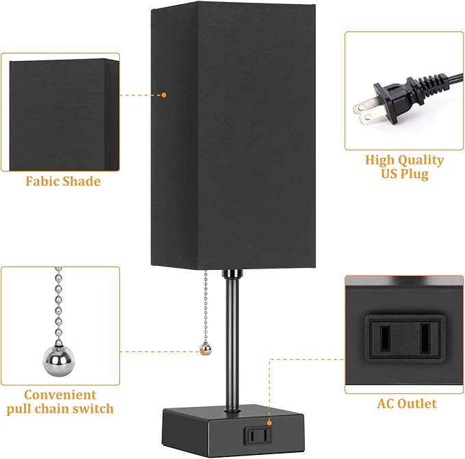 Table Lamp for Bedroom set of 2,3-Color Bedside Lamps with Pull Chain Table Lamps for Nightstand with AC Outlets, Night Light Lamps with 2 Bulbs Lamps for Living Room Kids Office Decor（Black）