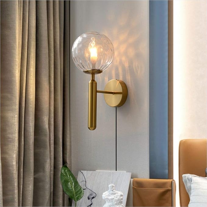 KCO Lighting Plug in Globe Wall Light Vintage Industrial Wall Sconce Lighting Fixture with On/Off Switch, Metal Wall Lamp for Bedroom Living Room Hallway,(Clear Plug in)