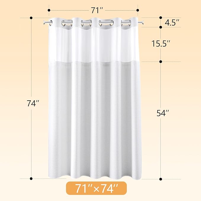 River Dream White Fabric Shower Curtain Set, Cotton Blend, Waffle Weave, with Snap in Replacement Liner，71 x 74 inches