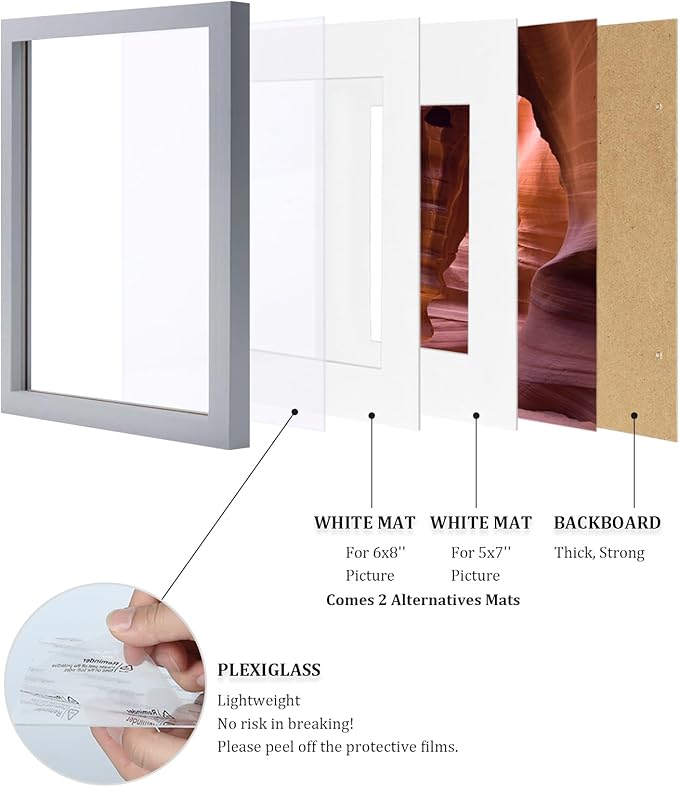 Egofine 9x12 Picture Frame Made of Solid Wood with Plexiglass, Display Pictures 5x7/6x8 with Mat or 9x12 without Mat, for Tabletop and Wall Mounting Photo Frame, Light Gray