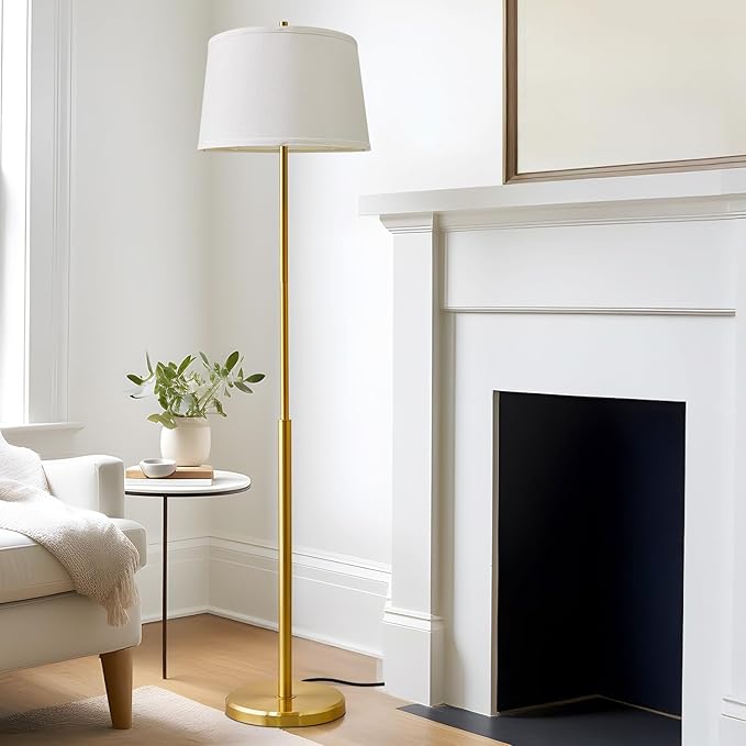 Oneach 61" Floor Lamp for Living Room, Gold Modern Standing Lamp with White Linen Shade, Brass Tall Pole Light with Rotary Switch for Bedroom, Office, Reading Room