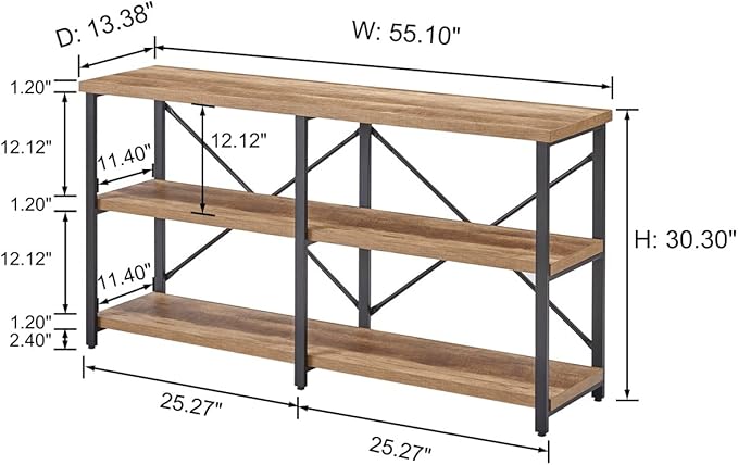 BON AUGURE Console Tables for Entryway, Industrial Sofa Table Behind Couch, 3 Tier Hallway Table for Foyer, Horizontal Bookshelf for Living Room (55 Inch, Vintage Oak)